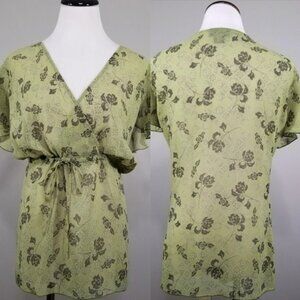 Vintage Venezia Green Floral Flutter Sleeve Wrap Top 26/28 Womens Blouse